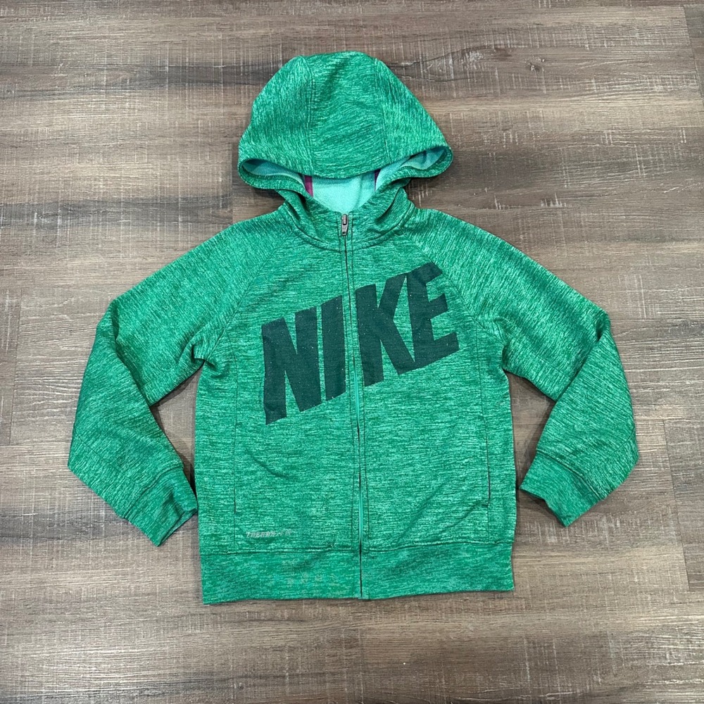 Nike Kids Therma-FIT Full Zip Hoodie Green Space Dye Logo Jacket Size 6 glitter